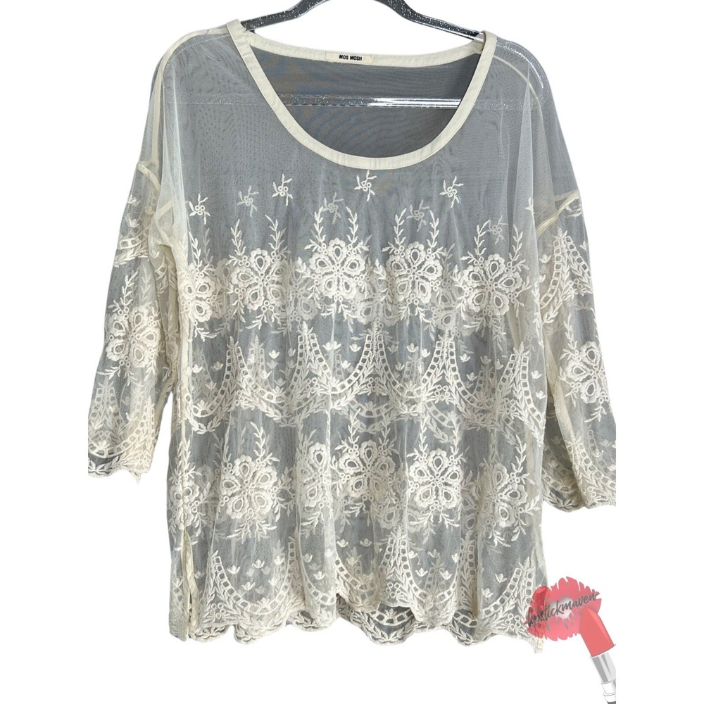 Mos Mosh Lucy Blouse Women Medium‎ Cream Sheer Lace Short Sleeve Shirt Top